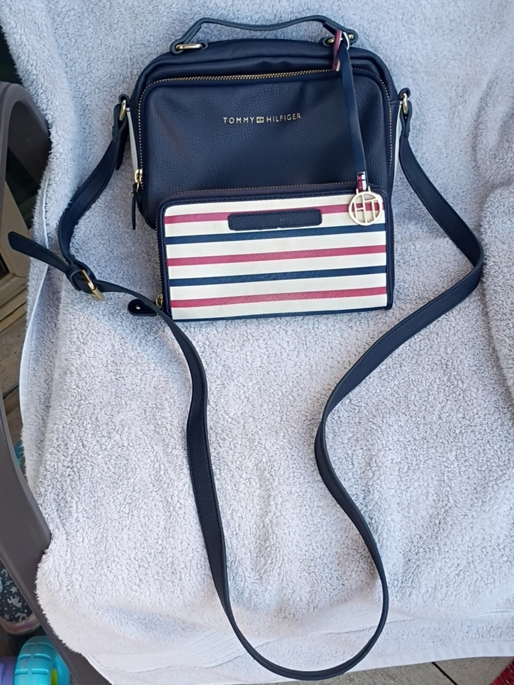 Tommy Hilfiger Navy Crossbody with Red & White Striped Front Pocket W/Wallet